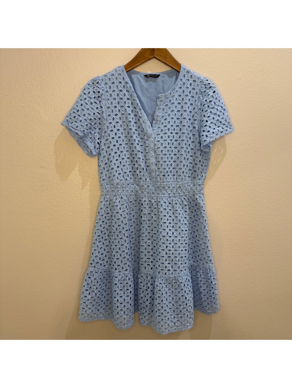 Blue Eyelet Lace Short Sleeve Dress 100% Cotton Shell, Size Medium